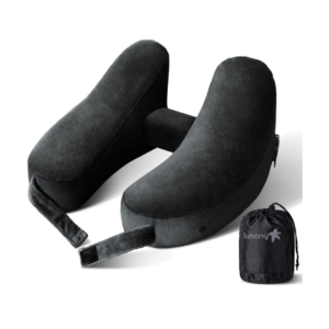 Inflatable Neck Pillow for Air Travel with Soft Velour Cover and Portable Drawstring Bag