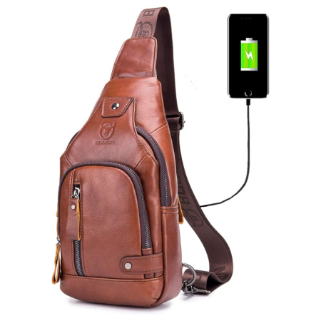 Genuine Leather Sling Bag with USB Charging Port