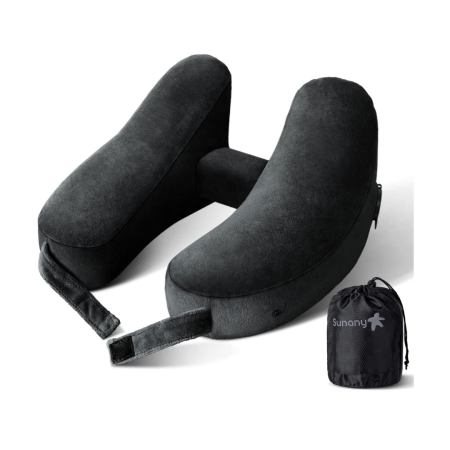 Inflatable Neck Pillow for Air Travel with Soft Velour Cover and Portable Drawstring Bag