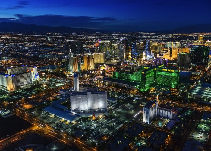 54955,Aerial view of Las Vegas cityscape lit up at night, Las Vegas, Nevada, United States