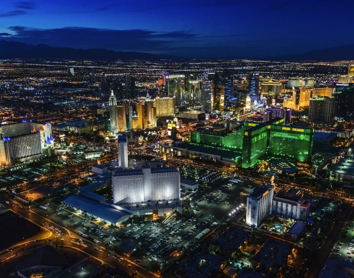 54955,Aerial view of Las Vegas cityscape lit up at night, Las Vegas, Nevada, United States