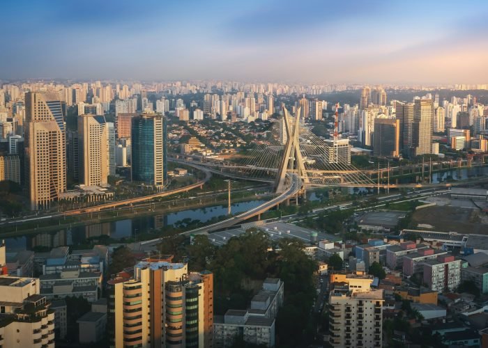 Aerial view of Octavio Frias de Oliveira Bridge (Ponte Estaiada) - Sao Paulo, Brazil