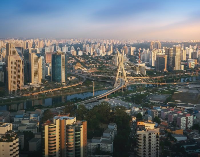 Aerial view of Octavio Frias de Oliveira Bridge (Ponte Estaiada) - Sao Paulo, Brazil