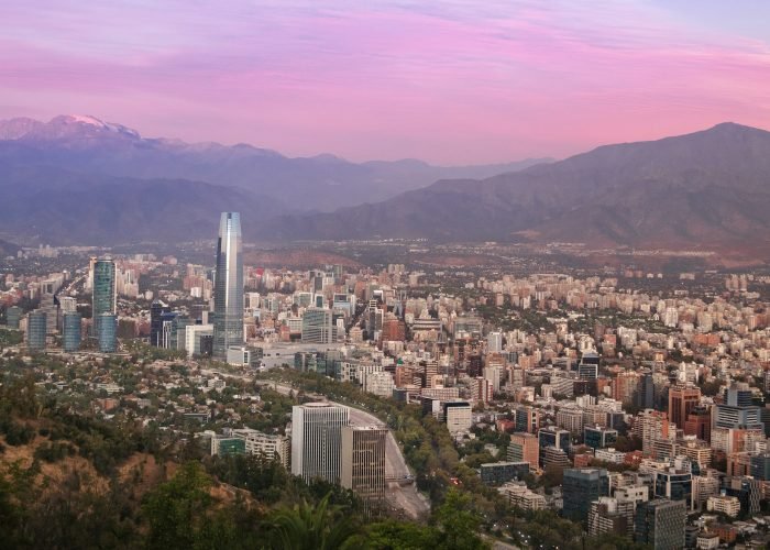 Aerial view of Santiago skyline at sunset with Costanera skyscraper - Santiago, Chile