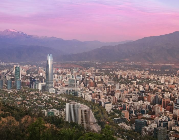 Aerial view of Santiago skyline at sunset with Costanera skyscraper - Santiago, Chile