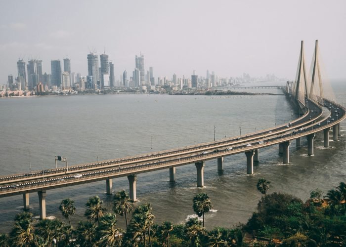 High angle shot of Bandra Worli sealink in Mumbai enveloped with fog