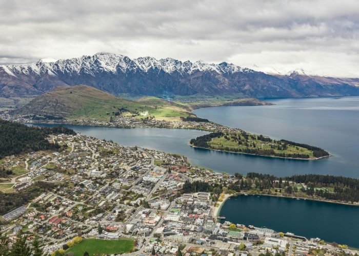 Panoramic view of The remarkables, Lake Wakatipu and Queenstown,