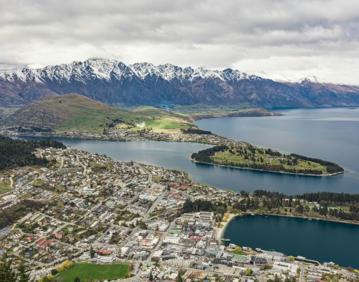 Panoramic view of The remarkables, Lake Wakatipu and Queenstown,